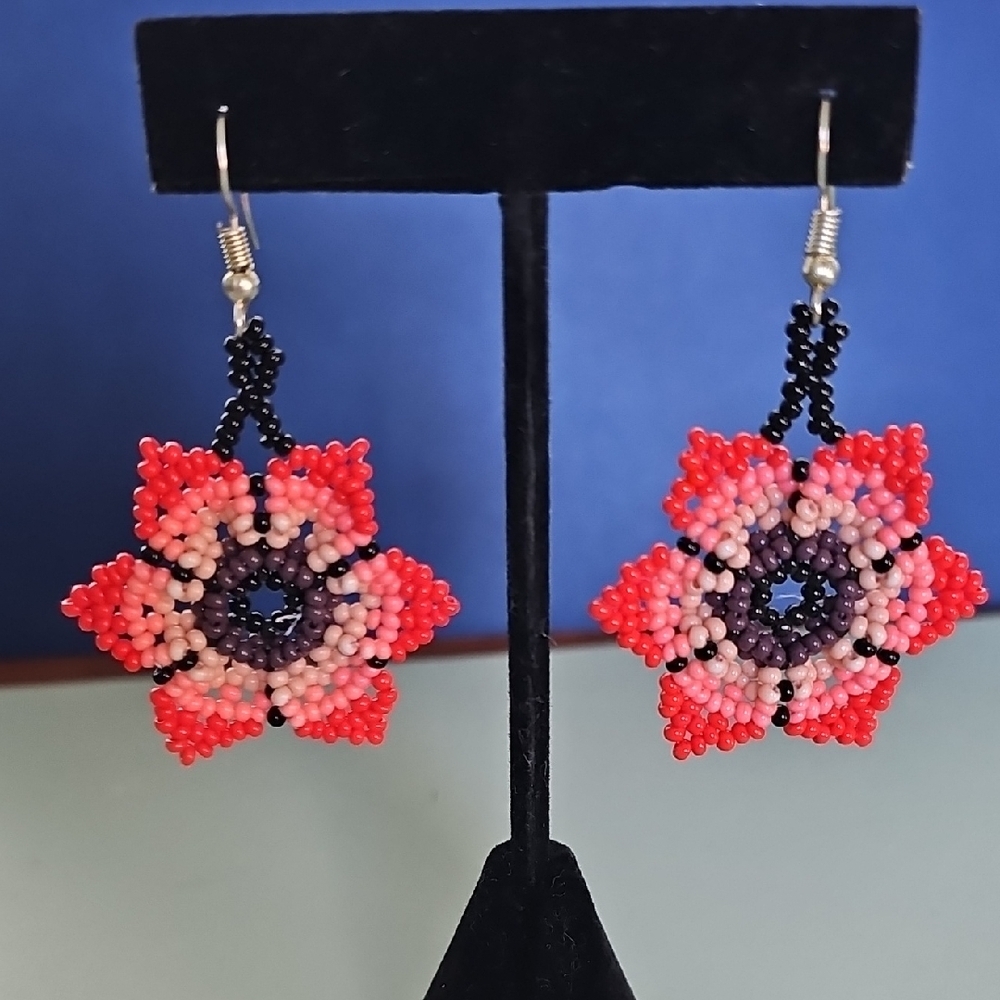Handcrafted Floral Beaded Earrings - Red and Pink
